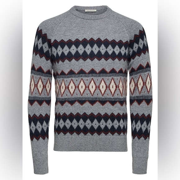 2/49$ Men’s SELECTED Fair Isle Raglan-Sleeve wool blend grey Sweater Sz‎ Large - Picture 11 of 13